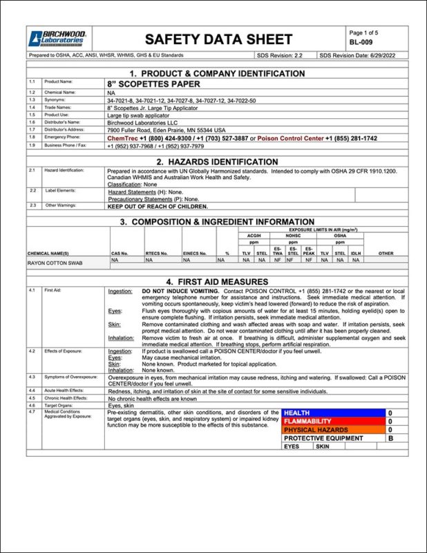 SDS Sheets - Birchwood Laboratories Medical Division